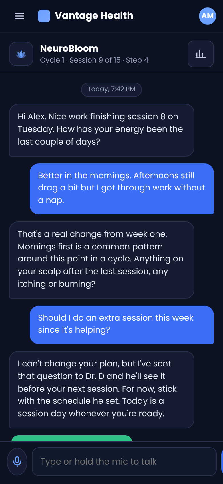 A conversation with Bloom in which a question about adding an extra session is passed to the brain specialist